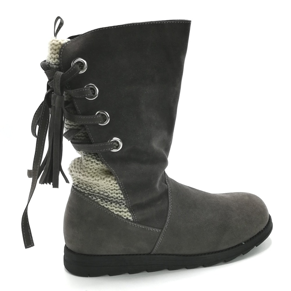 Muk Luks Shoes Womens Boots Luanna Gray Water Resistant Faux Suede Knit 8 New